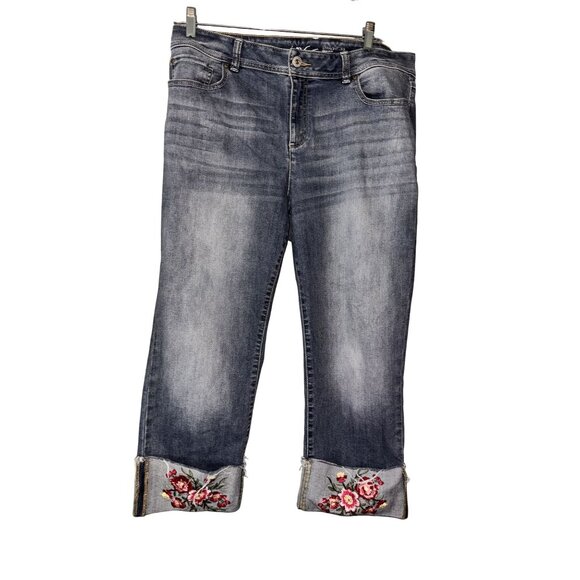 INC Womens Straight-Leg Embroidered Cuffed Jeans Regular Fit Blue Denim With Flo - Picture 1 of 8